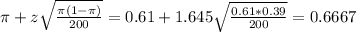 \pi + z\sqrt{\frac{\pi(1-\pi)}{200}} = 0.61 + 1.645\sqrt{\frac{0.61*0.39}{200}} = 0.6667