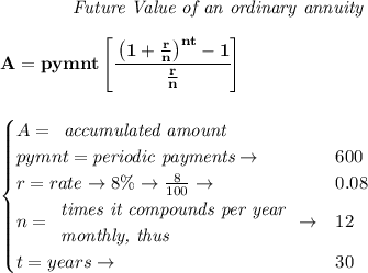 \bf \qquad \qquad \textit{Future Value of an ordinary annuity}&#10;\\\\&#10;A=pymnt\left[ \cfrac{\left( 1+\frac{r}{n} \right)^{nt}-1}{\frac{r}{n}} \right]&#10;\\\\\\&#10;\qquad &#10;\begin{cases}&#10;A=&#10;\begin{array}{llll}&#10;\textit{accumulated amount}\\&#10;\end{array}\\&#10;pymnt=\textit{periodic payments}\to &600\\&#10;r=rate\to 8\%\to \frac{8}{100}\to &0.08\\&#10;n=&#10;\begin{array}{llll}&#10;\textit{times it compounds per year}\\&#10;\textit{monthly, thus}&#10;\end{array}\to &12\\&#10;&#10;t=years\to &30&#10;\end{cases}