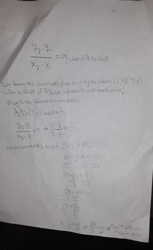 Find the value of y so that the line passing through the points (2,5) and (7,y) that has a slope of