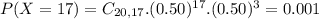 P(X = 17) = C_{20,17}.(0.50)^{17}.(0.50)^{3} = 0.001