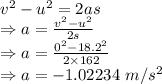 v^2-u^2=2as\\\Rightarrow a=\frac{v^2-u^2}{2s}\\\Rightarrow a=\frac{0^2-18.2^2}{2\times 162}\\\Rightarrow a=-1.02234\ m/s^2