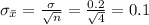 \sigma_{\bar x}=\frac{\sigma}{\sqrt{n}}=\frac{0.2}{\sqrt{4}}=0.1