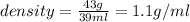 density=\frac{43g}{39ml} =1.1g/ml