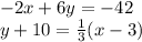 -2x+6y=-42\\y+10=\frac{1}{3}(x-3)