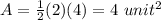 A=\frac{1}{2}(2)(4)=4\ unit^2