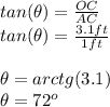 tan(\theta)=\frac{OC}{AC}\\tan(\theta)=\frac{3.1ft}{1ft}\\\\\theta=arctg(3.1)\\\theta=72^o