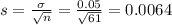 s = \frac{\sigma}{\sqrt{n}} = \frac{0.05}{\sqrt{61}} = 0.0064