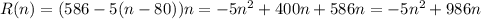 R(n) = (586 - 5(n-80))n = -5n^{2} +400n + 586n = -5n^{2} + 986n