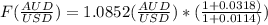F(\frac{AUD}{USD} )=1.0852(\frac{AUD}{USD} )*(\frac{1+0.0318)}{1+0.0114)} )