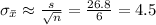 \sigma_{\bar{x}}\approx\frac{s}{\sqrt{n}}=\frac{26.8}{6}= 4.5