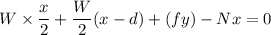 W \times \dfrac{x}{2} +\dfrac{W}{2}(x-d)+(f  y)-Nx=0