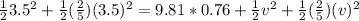 \frac{1}{2} 3.5^2 + \frac{1}{2}(\frac{2}{5})(3.5)^2= 9.81 * 0.76 + \frac{1}{2} v^2 + \frac{1}{2} (\frac{2}{5}) (v)^2