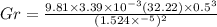 Gr = \frac{9.81 \times 3.39\times 10^{-3} (32.22) \times 0.5^3}{(1.524\times ^{-5})^2}