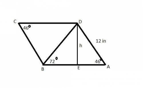 In parallelogram abcd, ad = 12 in, m∠c = 46º, m∠dba = 72º. find the area of abcd.