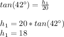 tan(42\°)=\frac{h_1}{20}\\\\h_1=20*tan(42\°)\\h_1=18