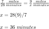 \frac{7}{28}\frac{miles}{minutes}=\frac{9}{x}\frac{miles}{minutes}\\\\x=28(9)/7\\\\x=36\ minutes