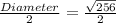 \frac{Diameter}{2}=\frac{\sqrt{256}}{2}