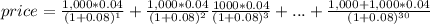 price=\frac{1,000*0.04}{(1+0.08)^{1} }+ \frac{1,000*0.04}{(1+0.08)^{2} } \frac{1000*0.04}{(1+0.08)^{3} }+...+\frac{1,000+1,000*0.04}{(1+0.08)^{30} }