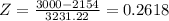 Z = \frac{3000 - 2154}{3231.22} = 0.2618