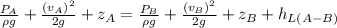 \frac {P_A}{\rho g}+\frac {(v_A)^{2}}{2g}+z_A=\frac {P_B}{\rho g}+\frac {(v_B)^{2}}{2g}+z_B+h_{L(A-B)}