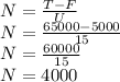 N=\frac{T-F}{U}\\N=\frac{65000-5000}{15}\\N=\frac{60000}{15}\\N=4000