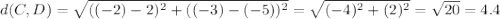 d(C,D)=\sqrt{((-2)-2)^2+((-3)-(-5))^2} =\sqrt{(-4)^2+(2)^2}=\sqrt{20}=4.4