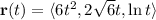 \mathbf r(t)=\langle6t^2,2\sqrt6 t,\ln t\rangle