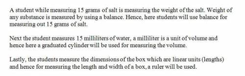 During an investigation, a student measures out 15 grams of salt. then, he measures 15 milliliters o