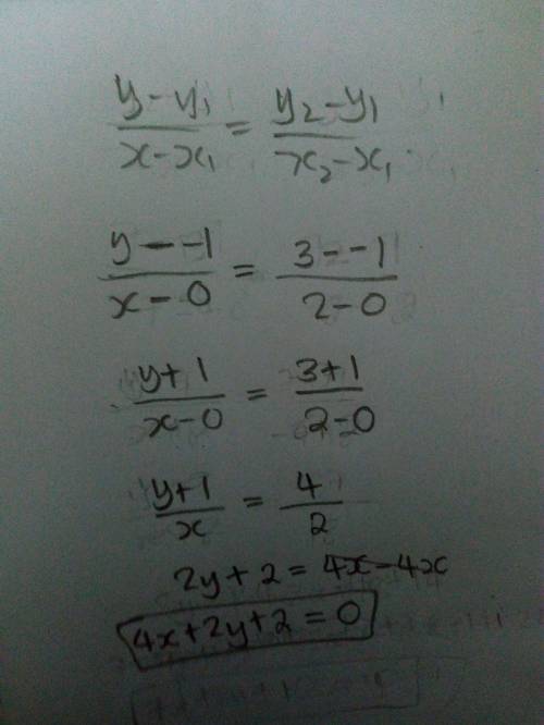 Write an equation of the line that passes through the points 0, -1 and 2,3