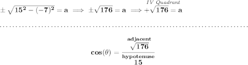 \bf \pm\sqrt{15^2-(-7)^2}=a\implies \pm\sqrt{176}=a\implies \stackrel{\textit{IV Quadrant}}{+\sqrt{176}=a} \\\\[-0.35em] ~\dotfill\\\\ ~\hfill cos(\theta )=\cfrac{\stackrel{adjacent}{\sqrt{176}}}{\stackrel{hypotenuse}{15}}~\hfill