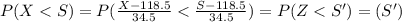 P(X < S) = P(\frac{X-118.5}{34.5} < \frac{S-118.5}{34.5}) = P(Z < S') = Ф(S')