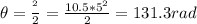 \theta = \frac{\alphat^2}{2} = \frac{10.5*5^2}{2} = 131.3 rad