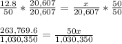 \frac{12.8}{50}*\frac{20,607}{20,607} = \frac{x}{20,607}*\frac{50}{50}\\\\\frac{263,769.6}{1,030,350}=\frac{50x}{1,030,350}