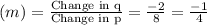 (m)=\frac{\textrm{Change in q}}{\textrm{Change in p}} = \frac{-2}{8}=\frac{-1}{4}