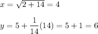 x = \sqrt{2+14} = 4\\\\y = 5 + \displaystyle\frac{1}{14}(14) = 5+1 = 6