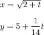 x = \sqrt{2+t}\\\\y = 5 + \displaystyle\frac{1}{14}t