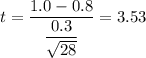 t=\dfrac{1.0-0.8}{\dfrac{0.3}{\sqrt{28}}}=3.53