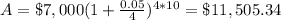 A=\$7,000(1+\frac{0.05}{4})^{4*10}=\$11,505.34