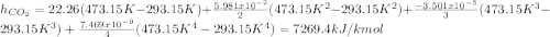 h_{CO_2}=22.26(473.15K-293.15K)+\frac{5.981x10^{-2}}{2}(473.15K^2-293.15K^2)+\frac{-3.501x10^{-5}}{3}(473.15K^3-293.15K^3)+\frac{7.469x10^{-9}}{4}(473.15K^4-293.15K^4)=7269.4kJ/kmol\\