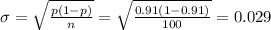 \sigma=\sqrt{\frac{p(1-p)}{n} }=\sqrt{\frac{0.91(1-0.91)}{100} } = 0.029