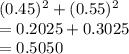 (0.45)^2 +(0.55)^2\\=0.2025+0.3025\\=0.5050