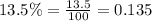 13.5\%=\frac{13.5}{100}=0.135
