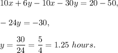 10x+6y-10x-30y=20-50,\\ \\-24y=-30,\\ \\y=\dfrac{30}{24}=\dfrac{5}{4}=1.25\ hours.