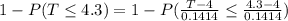 1-P(T\leq 4.3)=1-P(\frac{T-4}{0.1414}\leq\frac{4.3-4}{0.1414})