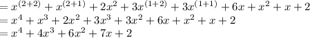 =x^{(2+2)}+x^{(2+1)}+2x^2+3x^{(1+2)}+3x^{(1+1)}}+6x+x^{2}+x+2\\=x^4+x^3+2x^2+3x^3+3x^2+6x+x^2+x+2\\=x^4+4x^3+6x^2+7x+2