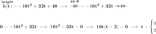 \bf \stackrel{height}{h(t)}=-16t^2+32t+48\implies \stackrel{48~ft}{~~\begin{matrix} 48 \\[-0.7em]\cline{1-1}\\[-5pt]\end{matrix}~~}=-16t^2+32t~~\begin{matrix} +48 \\[-0.7em]\cline{1-1}\\[-5pt]\end{matrix} \\\\\\ 0=-16t^2+32t\implies 16t^2-32t=0\implies 16t(t-2)=0\implies t= \begin{cases} 0\\ 2 \end{cases}