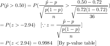 P(\hat{p}0.50)=P(\dfrac{\hat{p}-p}{\sqrt{\dfrac{p(1-p)}{n}}}\dfrac{0.50-0.72}{\sqrt{\dfrac{0.72(1-0.72)}{36}}})\\\\=P(z-2.94)\ \ \ [\because z=\dfrac{\hat{p}-p}{\sqrt{\dfrac{p(1-p)}{n}}}]\\\\=P(z