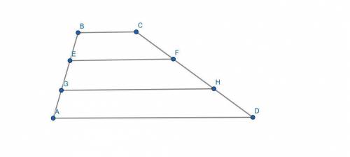 Two lines, parallel to the bases of a trapezoid divide each leg into three congruent parts and divid