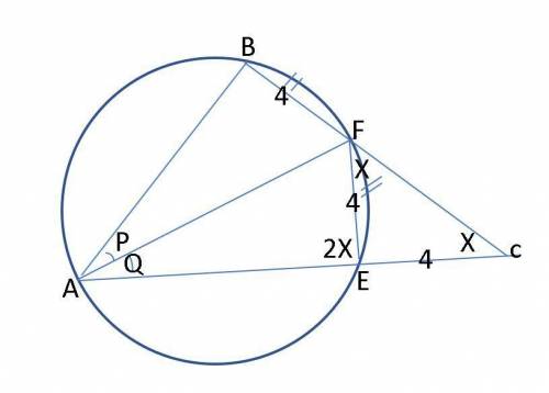 on triangle abc  a f is bisector, a,b,f,e dots are on same circle. angle aef= 2* angle c bf=4 ec=?