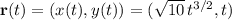 \mathbf r(t)=(x(t),y(t))=(\sqrt{10}\,t^{3/2},t)